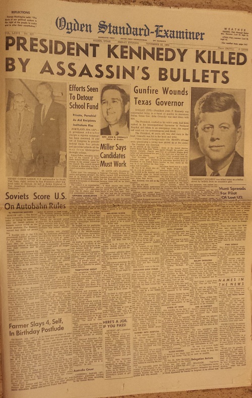 Ogden Standard Examiner front page Nov. 22, 1963, Kennedy assassination