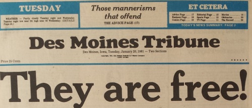 Des Moines Tribune front page top, Jan. 20, 1981