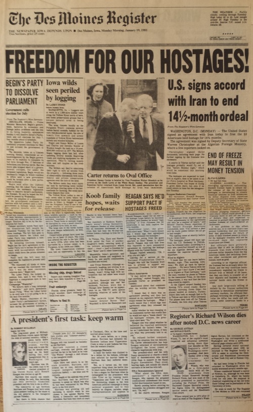 Des Moines Register front page, Jan. 19, 1981