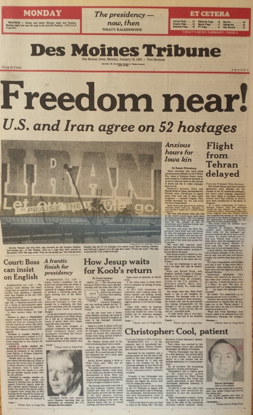 Des Moines Tribune front page, Jan. 19, 1981