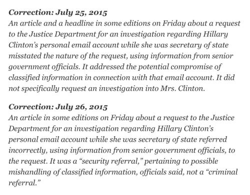 Corrections on the New York Times' story on Hillary Clinton's emails.