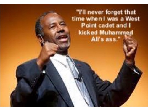 This shows that you can cover a lot of ground in a few words in an effective meme. This imagined quote doesn't try to explain too much, but manages to mock two challenged claims from Carson's book, "GIfted Hands": That he had a violent temper in his youth and spurned a "full scholarship" from West Point.